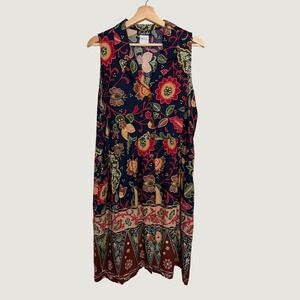 VIntage Caliche Womens Navy Blue Batik Floral Button‎ Front Midi Dress Size 16